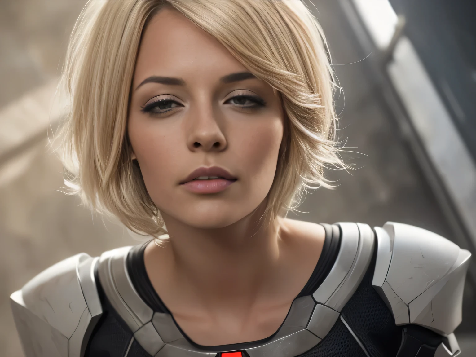 photo of Aliy Eve, RAW, beautiful woman, ((portrait)), ((detailed face:1.2)), (clear skin, glossy lips, clear skin), (very short hair, short hair with fringe, messy wind swept streaked blonde hair, platinum-blonde hair: 1.55), (perfect proportioned body, Strong, muscular, thin waist, narrow hips, skinny, medium breasts, C-cup), (lying face down on a platform, chest squished down, leaning forward, sleepy expression, Half-Lidded eyes, glossy lips, focus on breasts:1.2), (wearing futuristic mass effect armor), (realistic photo, best quality, detailed), (8k wallpaper), (bright cinematic lighting, lens flares, beautiful light, (noon:1.3)) (sharp focus, intricate)