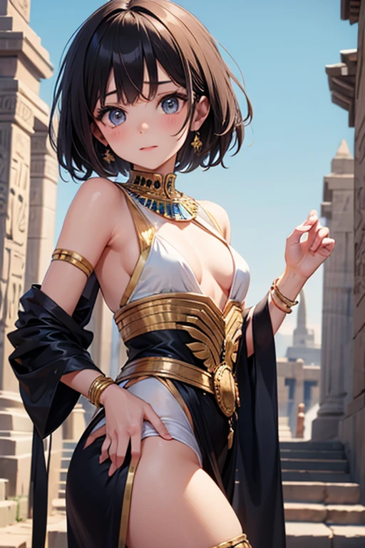 girl from ancient Egypt,1girl,

((((anubis ears:1.5,anubis girl:1.5,anubis,anthro)))),(large breasts:1.5),saggy breasts,(((short hair, black hair))),(((yellow_eyes:1.3))),intricate eyes,beautiful detailed eyes,symmetrical eyes,big eyes:1.5((((dark skin:1.4,lustrous skin:1.5,bright skin: 1.5,skin tanned,shiny skin,very shiny skin,shiny body)))),(spider lower abdomen,narrow waist,wide hip,inflated legs,thick thighs),(((detailed face))),beautiful detailed lips,thick eyelashes

(cute,slutty,sensual,seductive look,seductive,((erotic)),opulent,sumptuous,(((nsfw)))),

revealing clothing,show skin,cleavage,(barefoot),Egyptian jewelry,((oversized clothes)),cute,(underworld female,  like), 
((black suit with purple highlights, golden edges)),

dynamic and seductive pose,looking at viewer,(smirk,beautiful smile),centered,scale to fit dimensions,Rule of thirds,

outdoors,pillars,((pillars background,egyptian palace,egyptian palace background,pyramids in the background)),scenery,extremely scenery,(puddles everywhere,moss,moss on the background), Egypt style,Egypt castle,lily pads,palms,(sunset, golden hour),

(Glossy Egyptian ornaments),highres,sharp focus,(ultra detailed,extremely detailed),(photorealistic artwork:1.37),(extremely detailed CG unity 8k wallpaper),(((vibrant colors,vibrant theme))),(intricate),(masterpiece),(best quality),artistic photography,(photography taken by sldr),(intricate background),perfect rendered face,perfect face details,realistic face,photo realistic,((intricate detail)),(((realism))),
