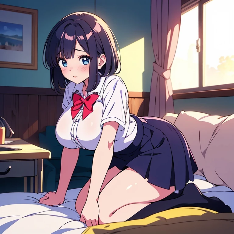 2 dimensions，bit girl, , small, female student, 校服, Superskirt, People who don't wear underwear, lying on the table, ???????, Small under breasts，There is a mole under the neck，Small bottom, ‎Classroom, ssmile, Stas, Volumetriclighting, rays of sunshine, bright，nipple play