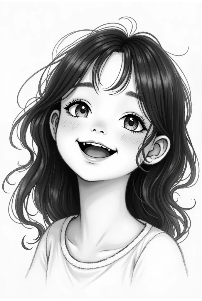 Retrato de mujer real al oleo, pelo largo moreno ondulado, sonrisa detallada, mejillas resaltadas, cute, simpatica, camiseta color claro, hombros descubiertos, tiny breast