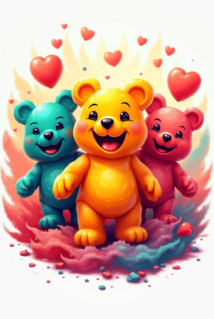 Create me a pink and red logo of spicy gummy bears with llamas and a gummy bear panda bear 
