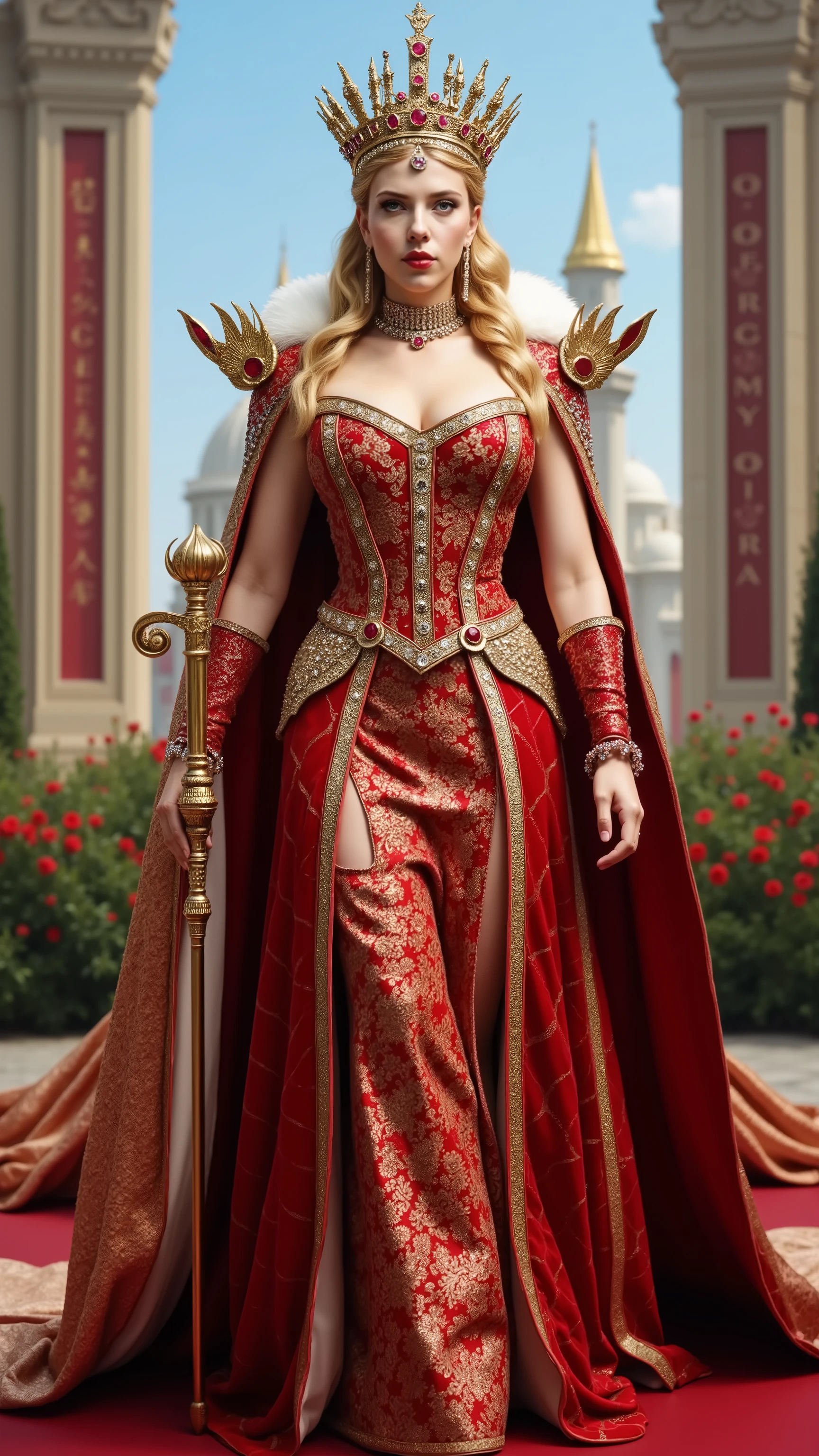Scarlett Johansson  reimagined as a majestic hot and gorgeous Medieval Queen walking and holding platinum scepter､1 female､ full body, cleavage,
Golden-blonde hair, styled in intricate braids woven with ruby-studded gold threads, cascades in soft waves over the shoulders. An ornate golden crown, encrusted with deep rubies, radiant diamonds, and fire opals, is sculpted with intricate rose filigree, regal lions, and celestial sunbursts. Piercing hazel eyes.
An ultra-luxurious, floor-length gown of crimson velvet and gold-threaded silk, embroidered with heraldic dragons, sun motifs, and fleur-de-lis patterns. The fitted bodice, encrusted with rubies and gold filigree, features a high, structured collar with lace and fire opal accents. The voluminous sleeves, lined with silk embroidery and white ermine fur, drape elegantly.
A heavy crimson and gold mantle, adorned with royal crests, flows behind, fastened by two dragon-shaped diamond brooches. An exquisite gold and platinum choker, encrusted with teardrop-shaped rubies.
In her hands, she holds A golden scepter, its shaft engraved with flames and laurel leaves, crowned with a massive ruby encircled by a sunburst and miniature lions,

big ,  alluring, shows her female character's full figure, athletic body, perfect face, full body, extremely beautiful, goddess, female shape, perfect ,
The background showcases a majestic medieval palace under a bright blue sky, its spires adorned with crimson and gold banners. A lavish throne room with marble columns and gilded archways reflects royal opulence. The royal gardens bloom with red roses and golden peonies
, photorealistic, masterpiece, realistic, high contrast, 8k, HD, high definition, hyper detailed, realistic skin texture, best quality, very detailed eyes, dramatic lighting
