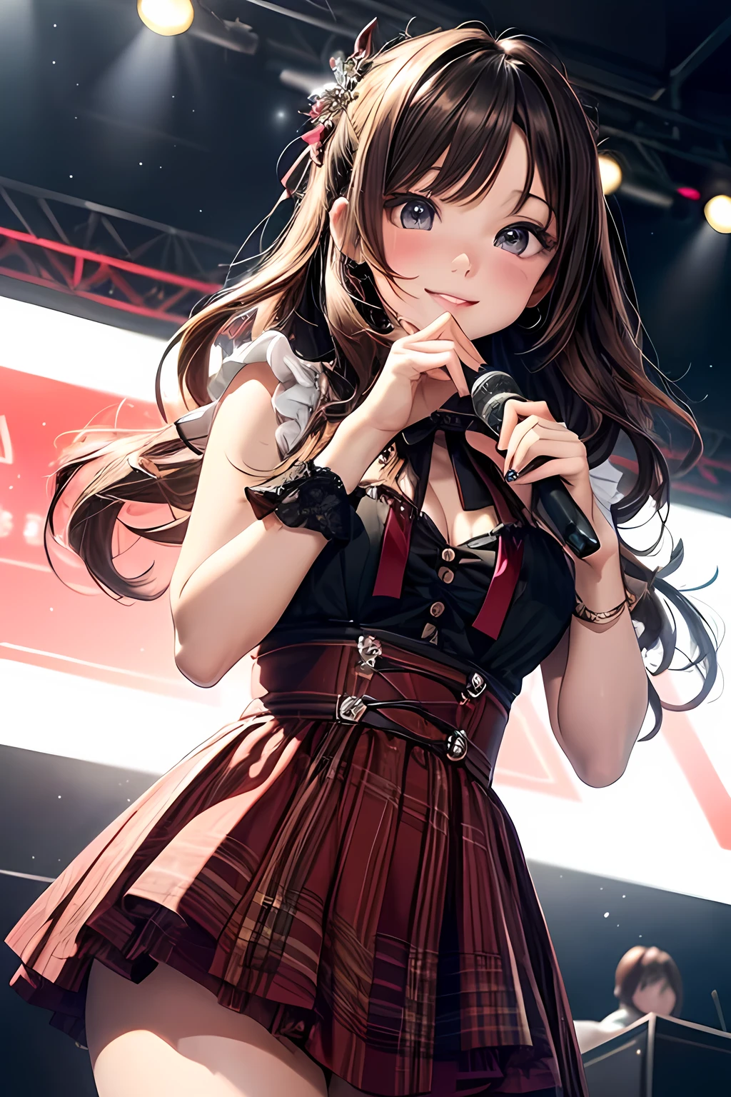 Top quality, highly detailed, UHD, idol, dress cute and beautiful anthropomorphic koala girl with brown curly bob hair wearing a heart shaped choker on outdoor stage