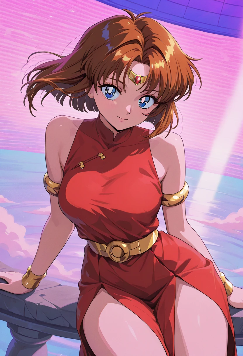 Saint Seiya,1girl in, red short hair,Spiral perm,all-fours ,top down bottom up, Look back, High quality, Leotard-like armor