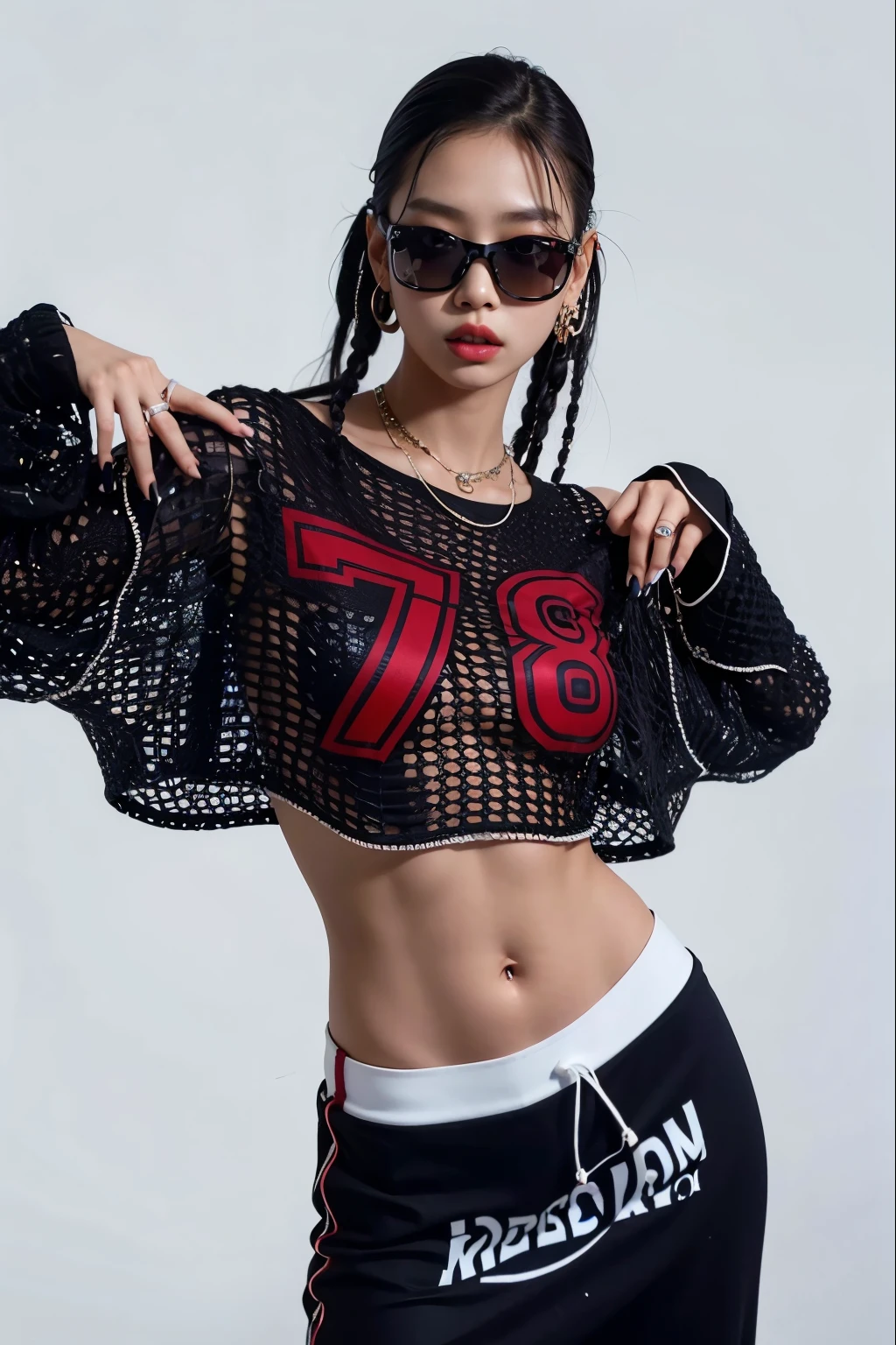 ((best quality,4k,highres,masterpiece:1.2)),((character concept art)), 1 female, 18-year-old Chinese girl, ((black hair)), big fake , small slim body, perfect shape, heavy makeup, party-lover, luxury goods enthusiast, ((intricate detail)), super finely detailed hands, ultra finely detailed fingers(((ten fingers))), wearing slutty rave outfit - skimpy neon top, mini shorts, fishnet tights, platform boots, LED accessories, candy bracelets, fuzzy leg warmers, light-up headband, oversized sunglasses, body glitter, (standing casually), (full body showcase), (show full body), (no logos on background), (no logo), ((plain background)), ((plain background)), (((empty background)))