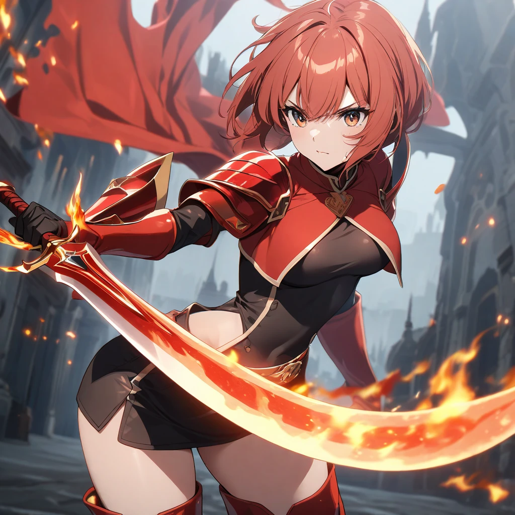 make images of a female demon slayer character with red eyes red hair red clothing a serious face in an action pose in a battle with her sword on fire and around her on fire her using fire attacks