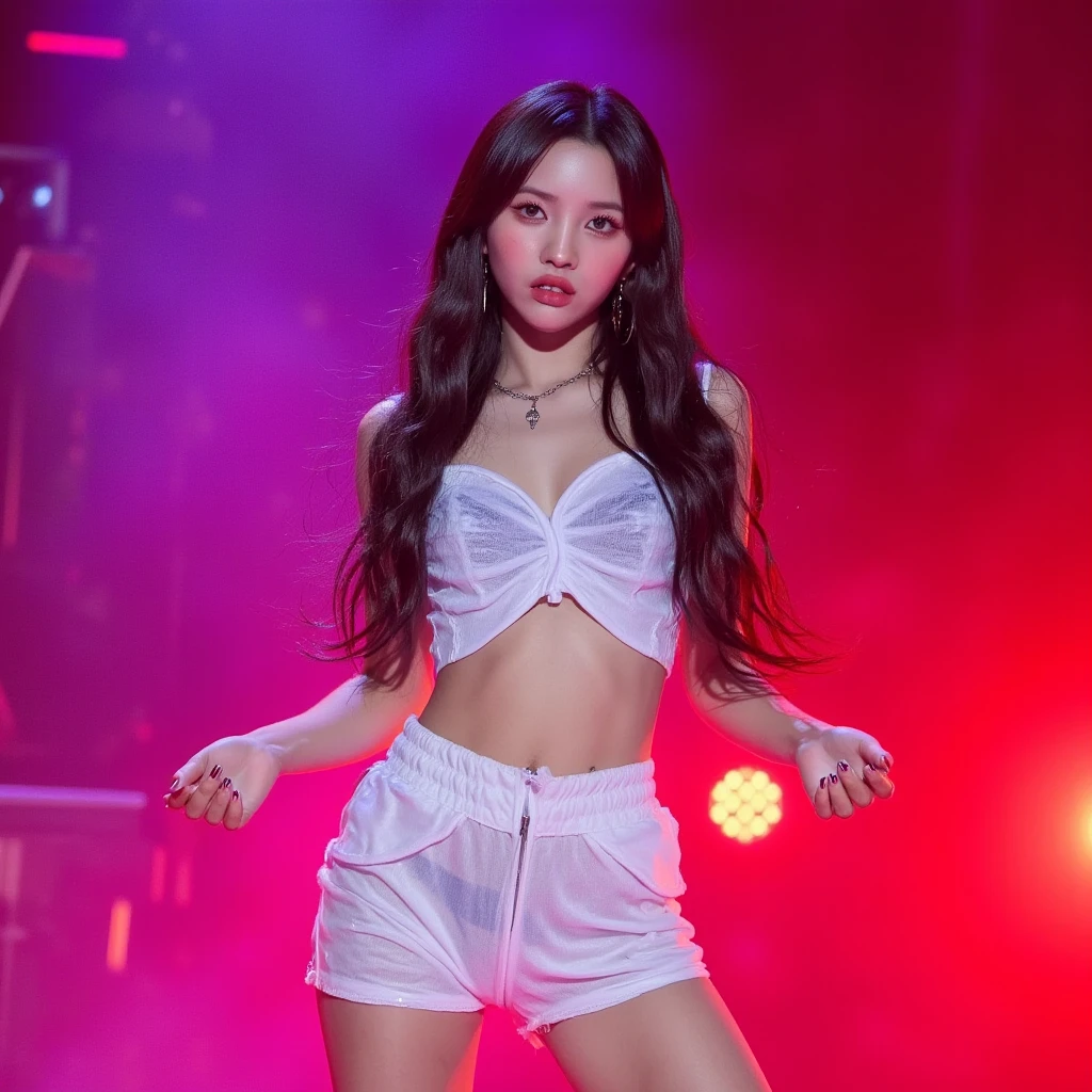 Best quality, masterpiece, ultra high res, (photorealistic:1.4), raw photo, 1girl, modest kpop outfit, kpop stage, dark skin, stage presence, wavy black hair, blasian, mixed girl, tyla, african american