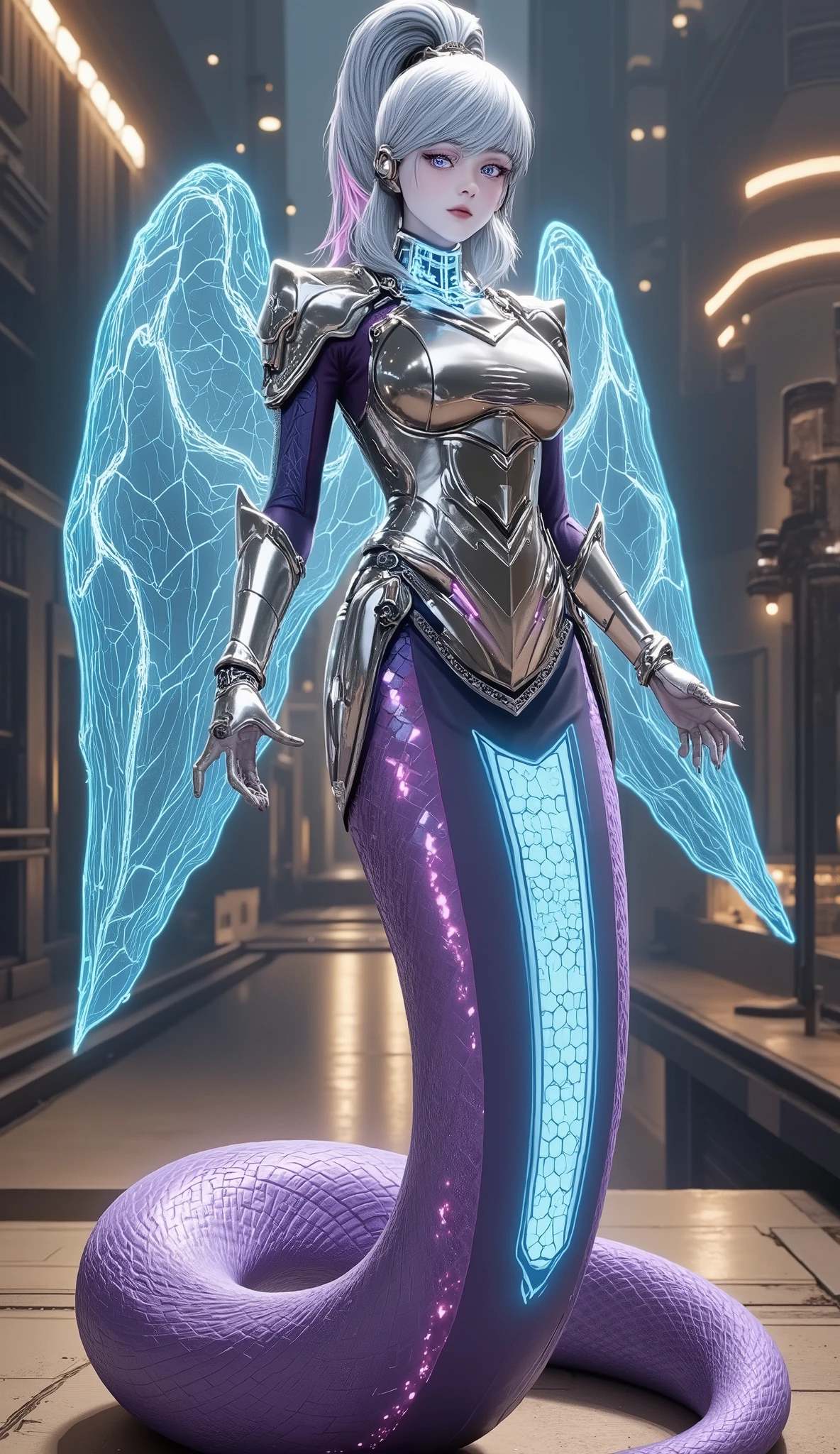 Create a massive, futuristic Serpent Woman, towering above a vast, quantum cyber city. Her upper body is human, but armored in sleek, advanced combat gear, featuring futuristic plating, glowing circuits, and neon accents, giving her the appearance of a high-tech warrior. The armor is intricately designed, with smooth, metallic surfaces and sharp geometric edges that reflect the pulsating energy of the city. Her porcelain skin peeks through the armor, adorned with glowing circuit-like patterns, adding a blend of organic elegance and cutting-edge technology. Her long, flowing hair is a cascade of metallic silver, interwoven with electric-blue strands, pulsating like living wires, and glowing with powerful energy. Her eyes emit a radiant, vibrant glow, brimming with ancient knowledge and futuristic power. Below her waist, her body seamlessly transforms into a colossal, coiling serpent tail, covered in iridescent scales that shimmer in neon shades of purple, green, and blue. The scales are etched with intricate digital patterns, flickering with energy that mirrors the city’s high-tech environment. From her back, massive translucent wings unfold, resembling glowing digital grids and shimmering holograms. These wings pulse with electric energy, amplifying the overwhelming power flowing through her serpent tail. She stands amidst the towering spires and luminous streets of a quantum cyber city, with neon lights and holographic projections illuminating the futuristic landscape. The city is a vast expanse of interconnected metallic structures, glowing circuit patterns running along the surfaces, creating an awe-inspiring, technological wonder. The air is filled with energy and digital hums, a perfect fusion of nature, technology, and quantum innovation. Her imposing, yet graceful presence exudes both beauty and supreme power, as if she is the protector and ruler of this futuristic world, balancing both the ancient and the cutting-edge.
