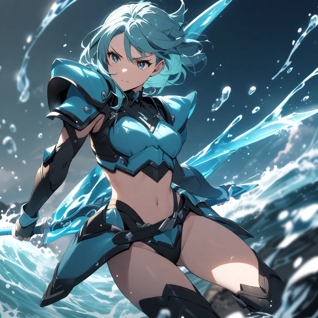 Top quality, masterpiece, girl, blue hair, blue eyes, transparent bikini armor, emitting light from the whole body, space ocean, floating, water spray, metroid powered bikini armor, full armor, powered leg, sentai hero battle armor