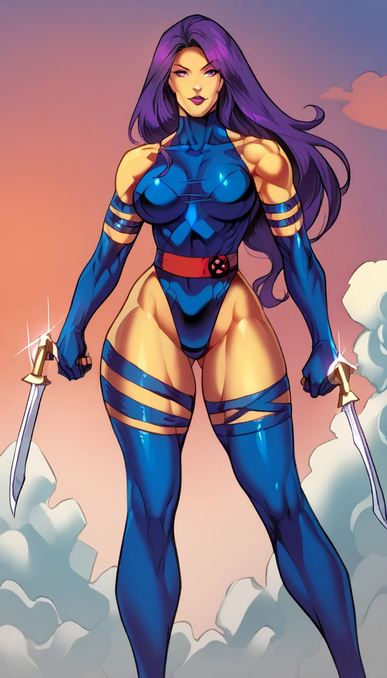 Psylocke with big breasts and long beautiful legs is standing blushing and looking at me.。