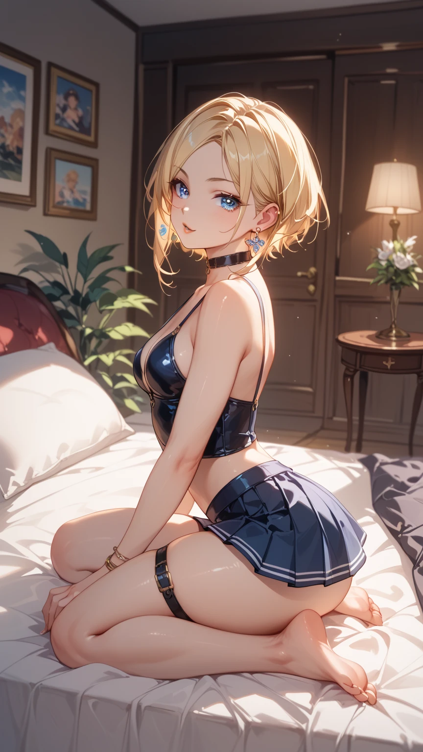 (masterpiece:1.2, highest quality), Very detailed, (Realistic, photoRealistic:1.4), Beautiful illustrations, (Natural Side Lighting, Cinema Lighting), Written boundary depth, (((From below))), 
Beautiful Hair, Beautiful Face, Beautiful details, Beautiful clavicle, Beautiful body, Beautiful breasts, Beautiful thighs, Beautiful feet, Beautiful fingers, Slender and perfect style, Toned Abs、belly buttonピアッシング、short body、
View your viewers, 1 girl, Japanese, Idol sculpture, high school girl, Perfect Face, Cute and symmetrical face, 
(((short hair)), blonde), blue eyes, Realistic pupils, Long eyelashes, (Large Breasts, Thin and slim thighs), Sunburn, Glowing Skin, Accentuate your cleavage, ((Sunburnした褐色の肌))、
((Sleeveless navy sailor shirt, Open Front, belly button, Navy sheer micro mini skirt, Red Sailor Scarf), choker, Wrist Chakra, hair band, White string panties, High leg bikini), Camel-shaped underwear&#39;With toe、bathing、
(Beautiful views), Tropical Beach, (Mr..々Sexy pose), (Cute Smile, Upward glance), A radiant smile、A radiant smile、broken face、