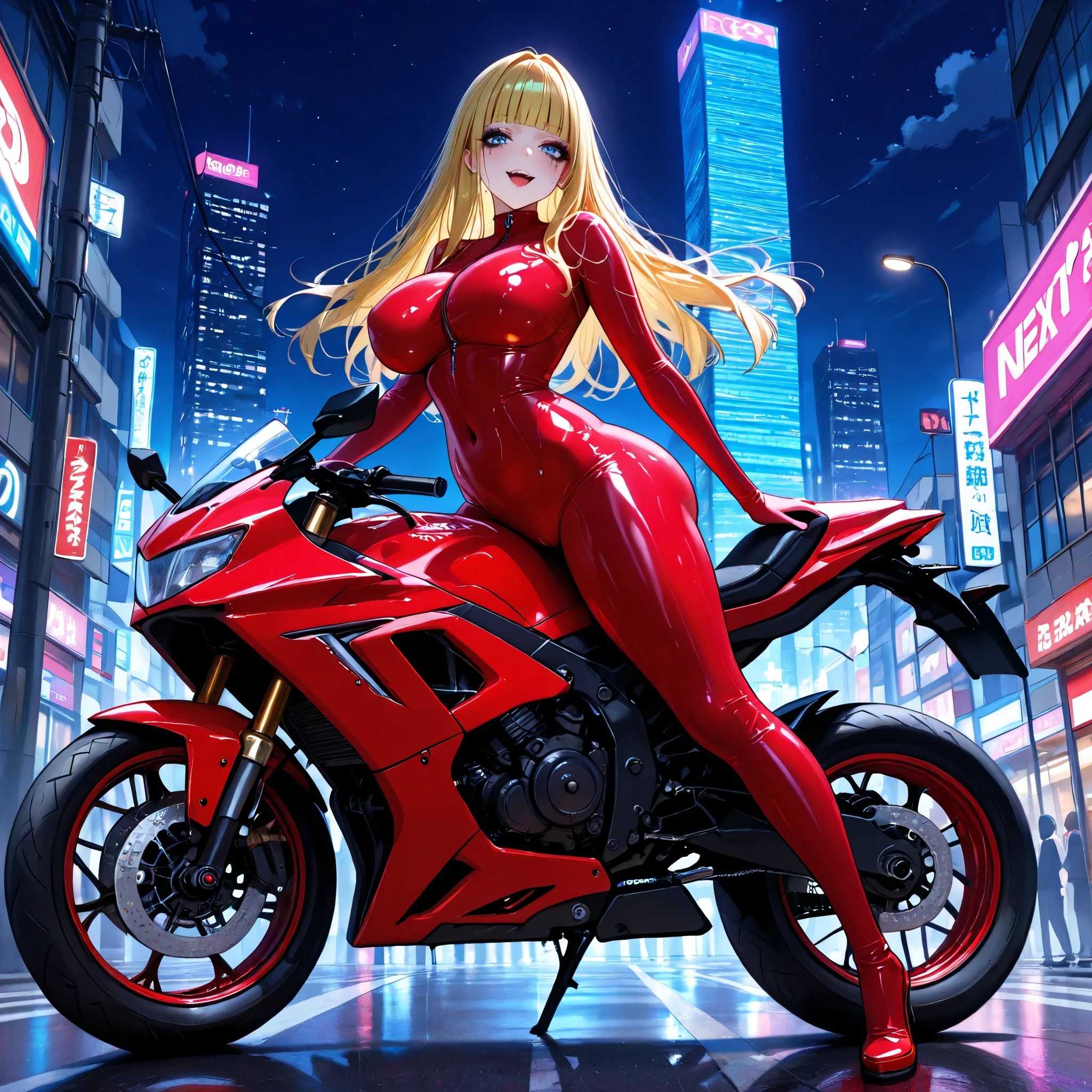 masterpiece、8k、Highest quality、One Woman、Ideal body shape、Shining blonde、Long Hair、Red Rider suit, chest visible、(Black Leather Jacket)、(Leaning forward on the seat of a large modified motorcycle)、Pearl color cowl、(Motorcycle side-mounted launcher)、