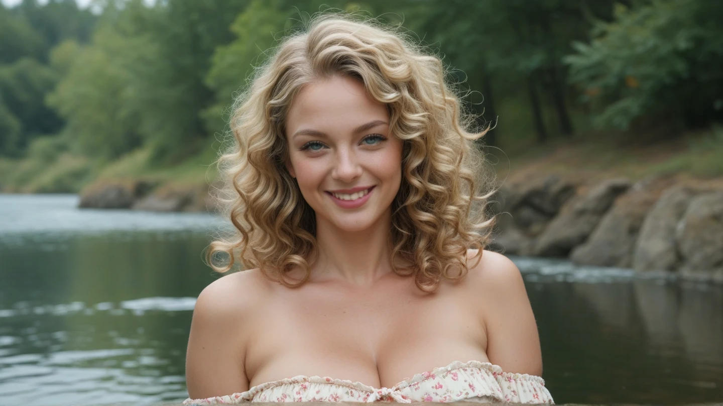 smile, pure, curly blonde hair, huge breast, blueeyes, green offshoulder dress, large breast implants, 21 year old girl,