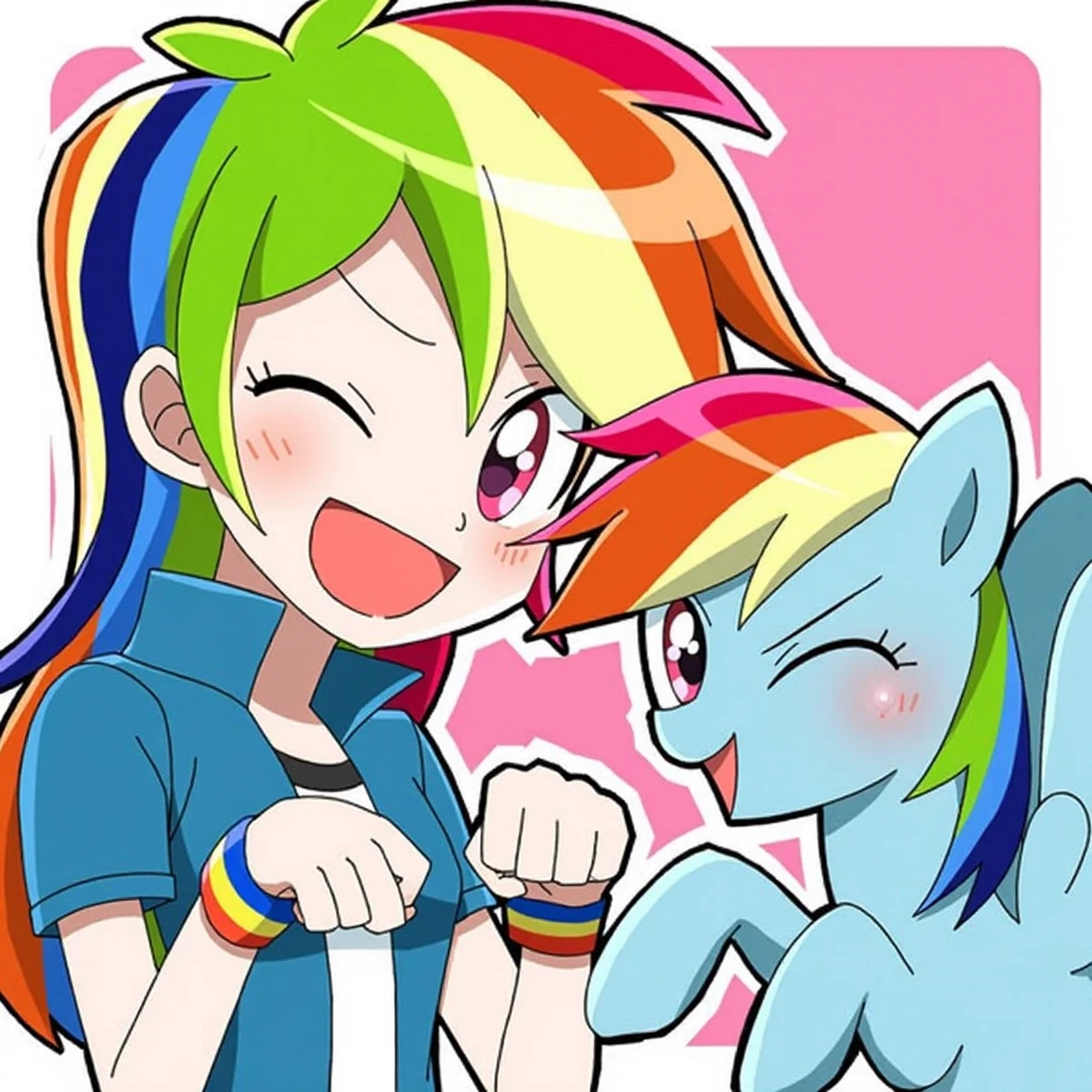 hatsune miku meeting rainbow dash from my little pony laughing amd hugging soft art style