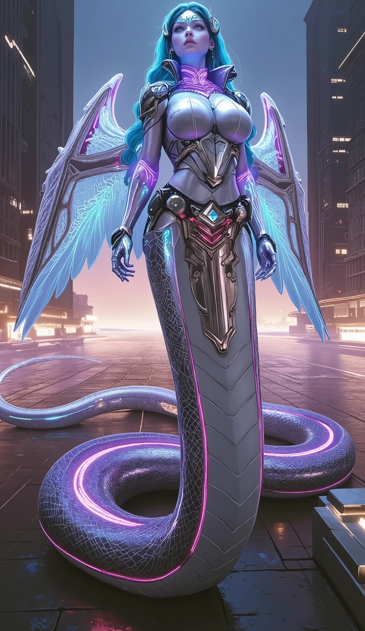 Create a massive, futuristic Serpent Woman, towering above a vast, quantum cyber city. Her upper body is human, but armored in sleek, advanced combat gear, featuring futuristic plating, glowing circuits, and neon accents, giving her the appearance of a high-tech warrior. The armor is intricately designed, with smooth, metallic surfaces and sharp geometric edges that reflect the pulsating energy of the city. Her porcelain skin peeks through the armor, adorned with glowing circuit-like patterns, adding a blend of organic elegance and cutting-edge technology. Her long, flowing hair is a cascade of metallic silver, interwoven with electric-blue strands, pulsating like living wires, and glowing with powerful energy. Her eyes emit a radiant, vibrant glow, brimming with ancient knowledge and futuristic power. Below her waist, her body seamlessly transforms into a colossal, coiling serpent tail, covered in iridescent scales that shimmer in neon shades of purple, green, and blue. The scales are etched with intricate digital patterns, flickering with energy that mirrors the city’s high-tech environment. From her back, massive translucent wings unfold, resembling glowing digital grids and shimmering holograms. These wings pulse with electric energy, amplifying the overwhelming power flowing through her serpent tail. She stands amidst the towering spires and luminous streets of a quantum cyber city, with neon lights and holographic projections illuminating the futuristic landscape. The city is a vast expanse of interconnected metallic structures, glowing circuit patterns running along the surfaces, creating an awe-inspiring, technological wonder. The air is filled with energy and digital hums, a perfect fusion of nature, technology, and quantum innovation. Her imposing, yet graceful presence exudes both beauty and supreme power, as if she is the protector and ruler of this futuristic world, balancing both the ancient and the cutting-edge.
