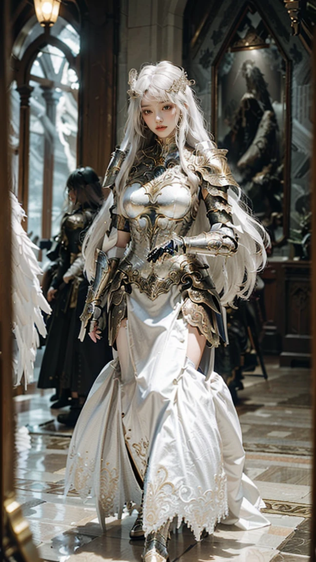 tmasterpiece，Best image quality，Full body photo of a woman，Dragon Knight，Overhead light，Slender body，Elegant posture，Long hair in white color，Short pleated skirt，Bare chest，show legs，On the shoulders is silver-white armor，Silver-white decoration on the body，White stockings silver trim on legs