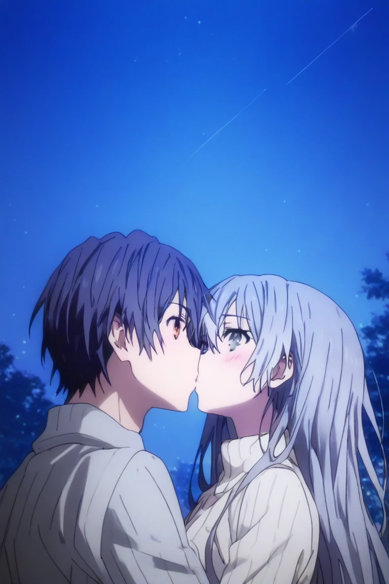 Shido and Miku on a balcony, romantic couple,  night, kiss