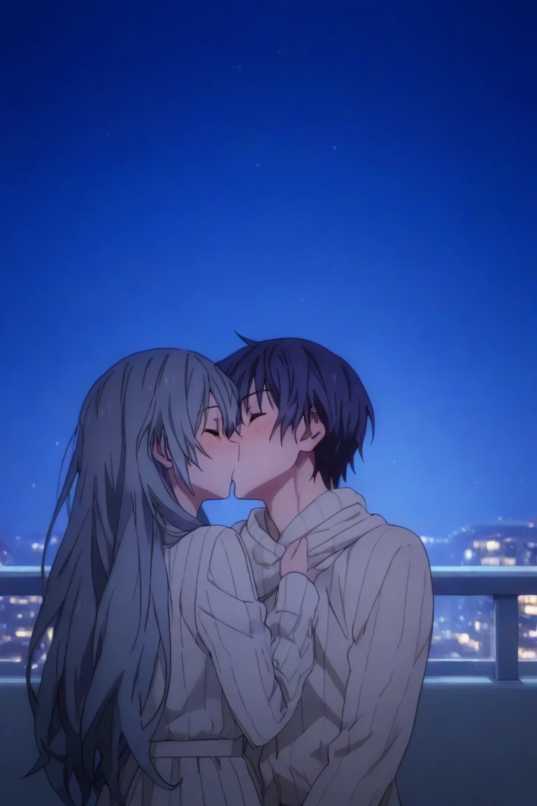 Shido and Miku on a balcony, romantic couple,  night, kiss, eyes closed