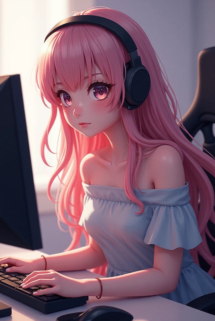 Anime girl sitting at a desk with headphones on and writing, Anime Style 4 k, Digital anime illustration, Digital anime art, Anime Style. 8k, Anime Moe Art Style, anime art wallpaper 4k, anime art wallpaper 4k, Anime Style illustration, Smooth anime CG art, detailed Digital anime art, Anime Art Wallpapers 8K, Realistic Anime 3D Style