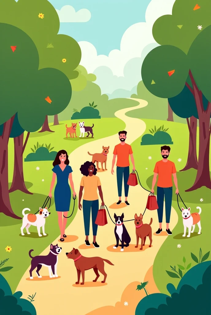 People walk with dogs in the park and clean the pans. Pet owners walk with dogs and puppies, They collect canine excrement in the bags and throw it away, vector flat illustration