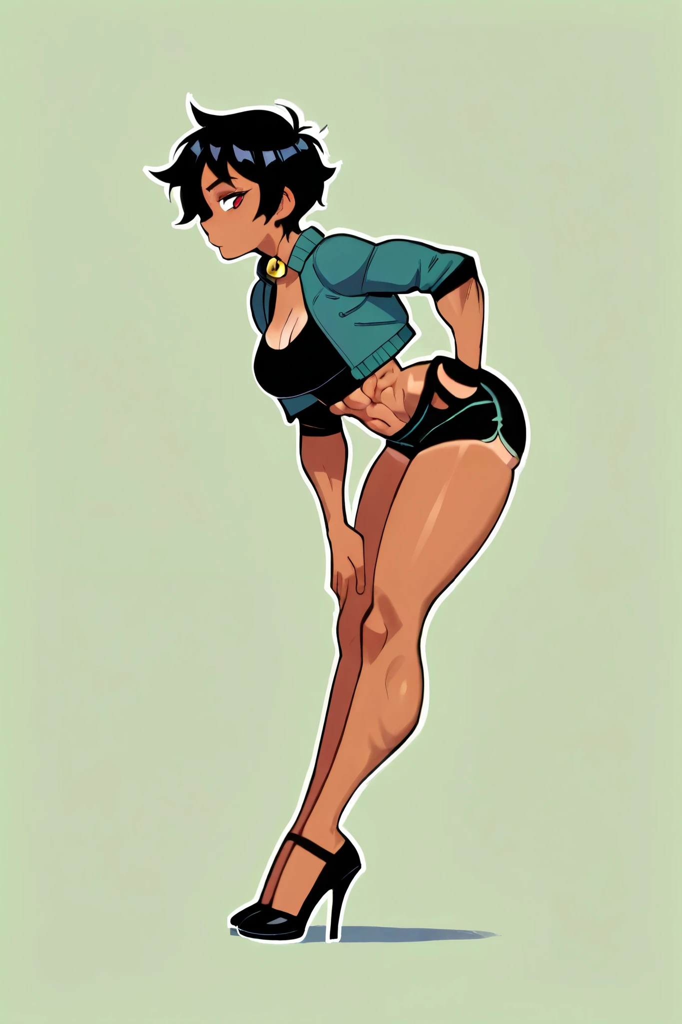 Really embarrassed tomboy Slim girl, with short gray curly  hair, brown skin and  glasses, In  sexy red bra and thong , full body, dynamic poses, View from back 