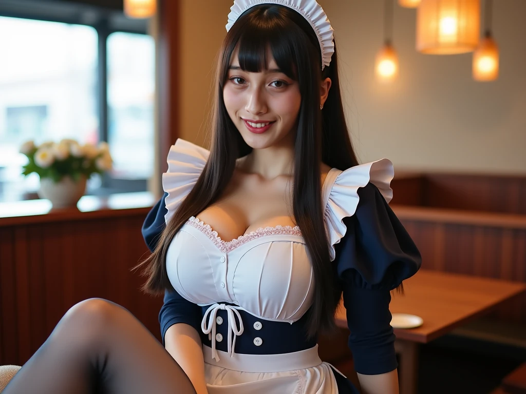 1woman (((Her hair color is perfect pink hair:1.8!!))) (She is standing in a random pose in the cafe) ((smiling at the viewer)) ((Black and white maid dress and a hat, Maid outfit, Maiddress, Catboy Cosplay! Maid! dress, anime girl in a Maid costume, Maid costume, anime cat girl in a Maid costume, black gothic ta dress, gorgeous Maid, wearing Maid uniform, High Quality Costume, Maid Cafe Girl Cosplay, Maid)) (Big Breasts:2.0) ((Highest quality)), ((masterpiece)), (family friendly), (Get used to it) ((Her hair is very straight!!!)) ((Her bangs are neatly trimmed and straight down.:1.5)) (Highest quality perfect pink hair:1.8!! Highest qualityのlong hair to the ankles!!!!! Highest quality The finest details long hair to the ankles!!!!!、Very long lasting hair!!!!! Flowing Hair Surprisingly straight Very shiny and thick hair Abnormally long hair that lasts forever!!!!! Flowing Hair on both ends!!!!! long hair to the ankles!!!!! long hair to the ankles!!!!! Thick and shiny hair Very free hair Abnormally long hair!!!!! Beautiful silky hair Beautiful and shiny hair Beautiful silky hair long hair to the ankles!!!!! Very long hair!!!!! Very long hair!!!!!) (Highest quality The best ultra-fine long hair to the ankles!!!!!、Very long hair that lasts forever Flowing Hair Her hair is surprisingly straight.!!!!! Very shiny and thick hair Abnormally long hair that lasts forever!!!!! Flowing Hair on both ends long hair to the ankles!!!!! Thick and shiny hair Very free hair Abnormally long hair!!!!! Beautiful silky hair long hair to the ankles!!!!! Beautiful and shiny hair Beautiful silky hair long hair to the ankles!!!!! Very very, Very long hair!!!!! Very very, Very long hair!!!!!) (She is the most beautiful 24 year old professional maid cafe waitress in Japan.......) Perfect woman'face (She has a typical Japanese build and skin color...., Her skin is very high quality and super high resolution.、very beautiful and glowing skin) (Her face is dignified and sexy)(She achieved her sexy look with the help of a professional makeup artist.。... Lipstick is bright red!!! The eyeliner is a beautiful black)
