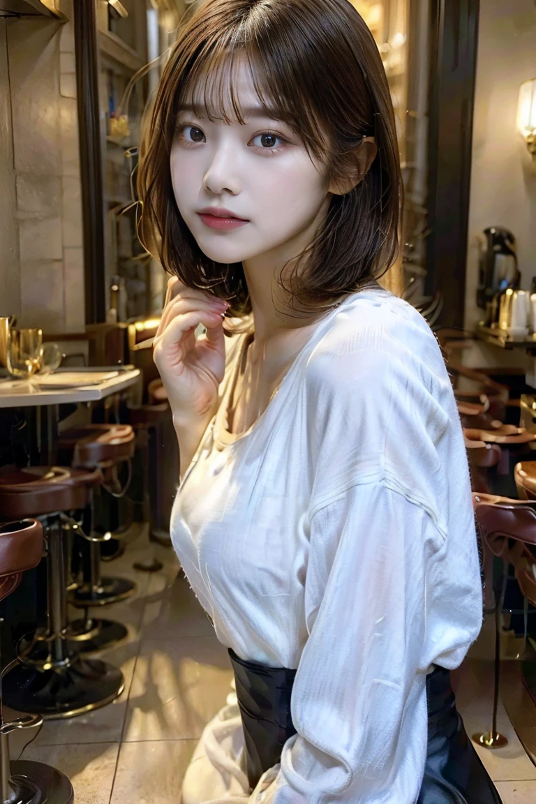((Best Quality, 8k, Masterpiece: 1.3, Raw Photo)), Sharp Focus: 1.2, (1 aespa Girl: 1.2), (Realistic, Photorealistic: 1.37), (Face Focus: 1.1), Cute Face, Tenderness, Small Breasts, Flat Breasts, Short Messy Hair, (White Casual Shirt: 1.1), Beautiful Woman Sitting Under Street Lamp Light, Movie Lighting