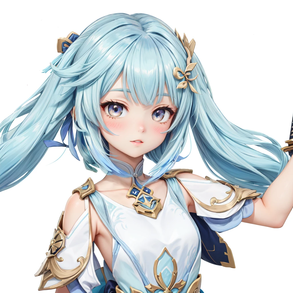 Closeup of a long-haired swordsman, girl in a portrait of a knight of the twelve constellations,  Ayaka from Genshin Impact , Kirokaze&#39;s Pixel, Mikudayo, girl with turquoise hair, Aqua from Konosuba,  Hestia, White Cyan, Calm expression,  Ayaka from Genshin Impact ゲーム, Light blue armor, The truth of the matter