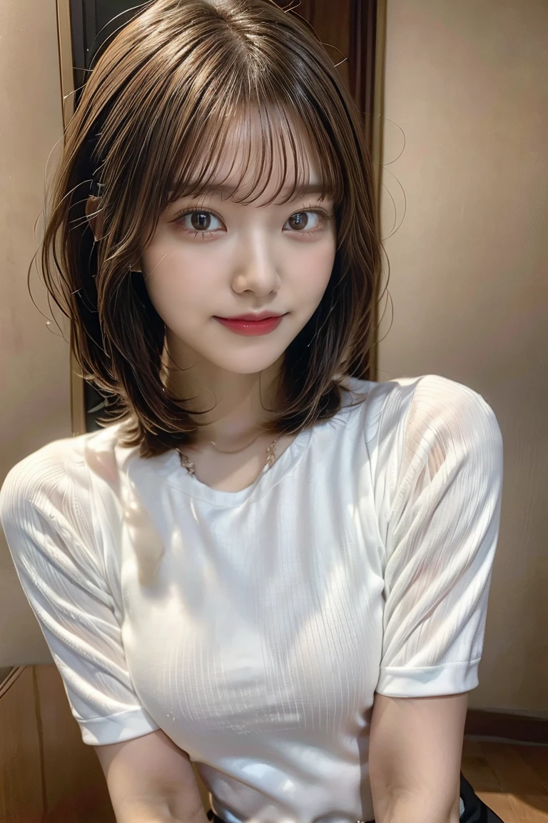 (kneeling, sitting on the the bed, hands on the bed:1.4), (boyfriend's white T-shirt, oversized men’s T-shirts, oversized baggy shirt, Sleeves long enough to cover her hands:1.5), (wide open neck, collarbone:1.2), (upper thigh:1.3), realistic detailed beautiful thighs, looking at viewer, (from front:1.3), BREAK (1 beautiful Japanese idol, 20 years old), perfect body, Detailed beautiful delicate face, Detailed beautiful delicate eyes and eye highlights, Very thin and delicate eyelashes that are not too long, (finely detailed beautiful blown big eyes and detailed face), no makeup, slender face, (lustrous skin, realistic detailed skin), (brown medium hair:1.2), (happy, half asleep:1.1), (masterpiece, best quality:1.2), 8k, RAW photo, (Realistic, hyper realistic, photorealistic:1.3), Ultra High Res, intricate details, ultra detailed, High quality texture, distinct image, (simple background), (bedroom, morning, light shining through the window:1.1),