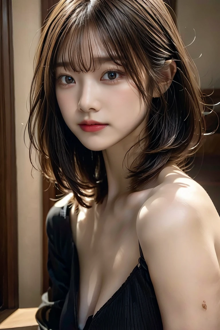 Night, Raw photography, (((Very beautiful portrait))), (Very beautiful portrait))), 1 girl, Sexy 25 year old girl, ((Short-cut natural brown hair)), [Brown eyes],Gentle smile staring at the camera(cleavage), ((masutepiece, Best Quality, Ultra Detail,...