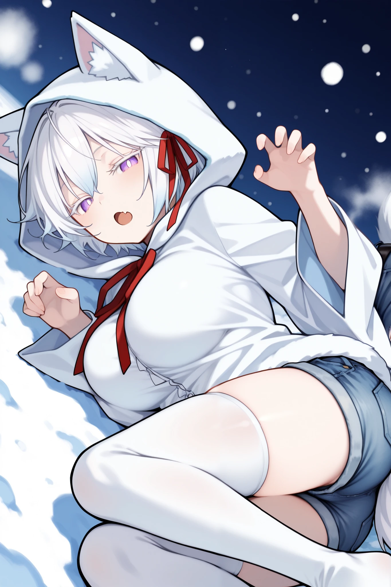 5  girl with wolf ears and white hair、naked、、A large amount of semen comes out of the vagina、Face forward and spread your legs、She spreads her pussy with both hands to show off her vagina、In the snow