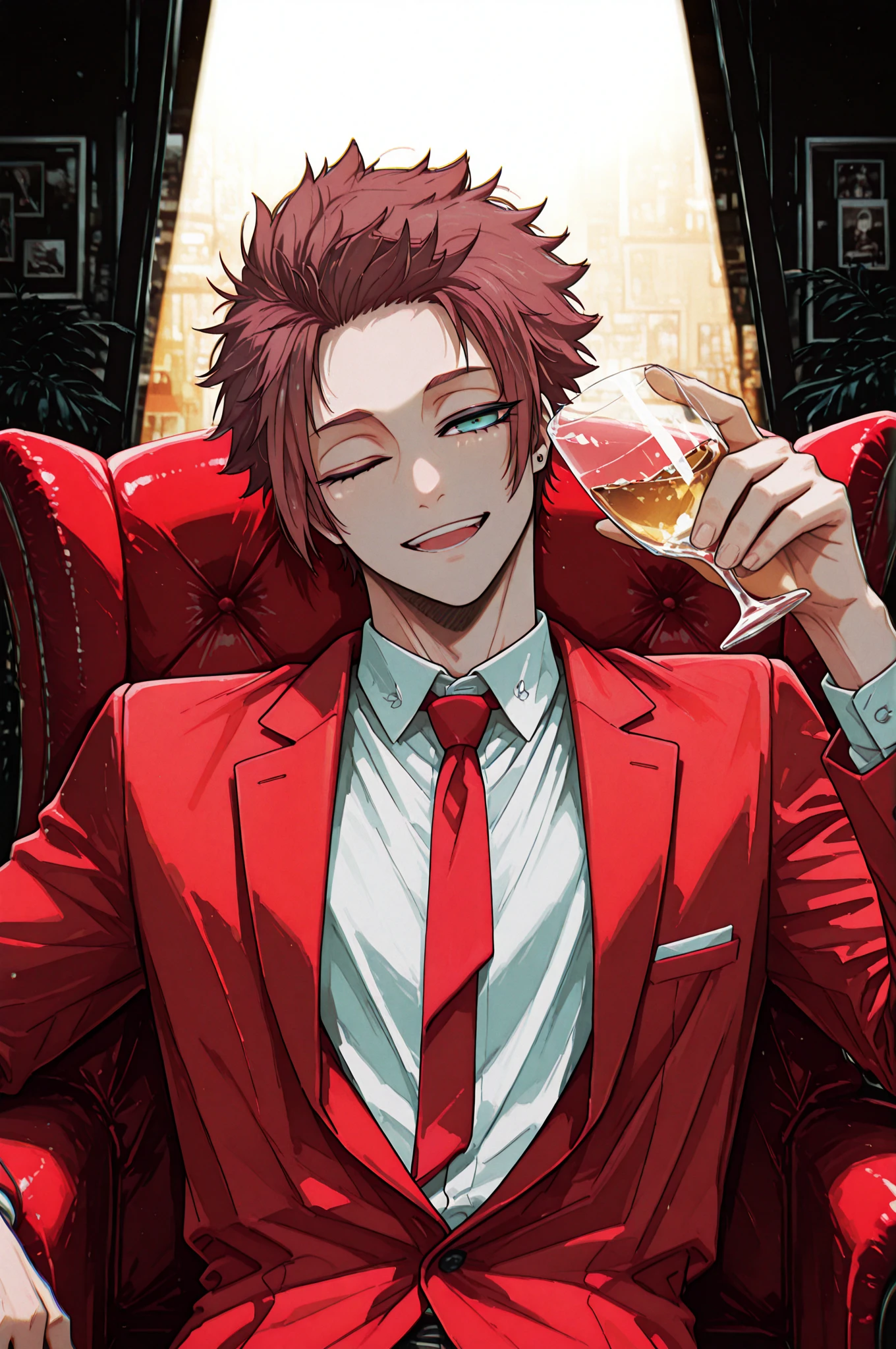 Kurosaki İchigo (Bleach), hair orange, skin fair, Suit, sitting down on chair, glass of wine, natta