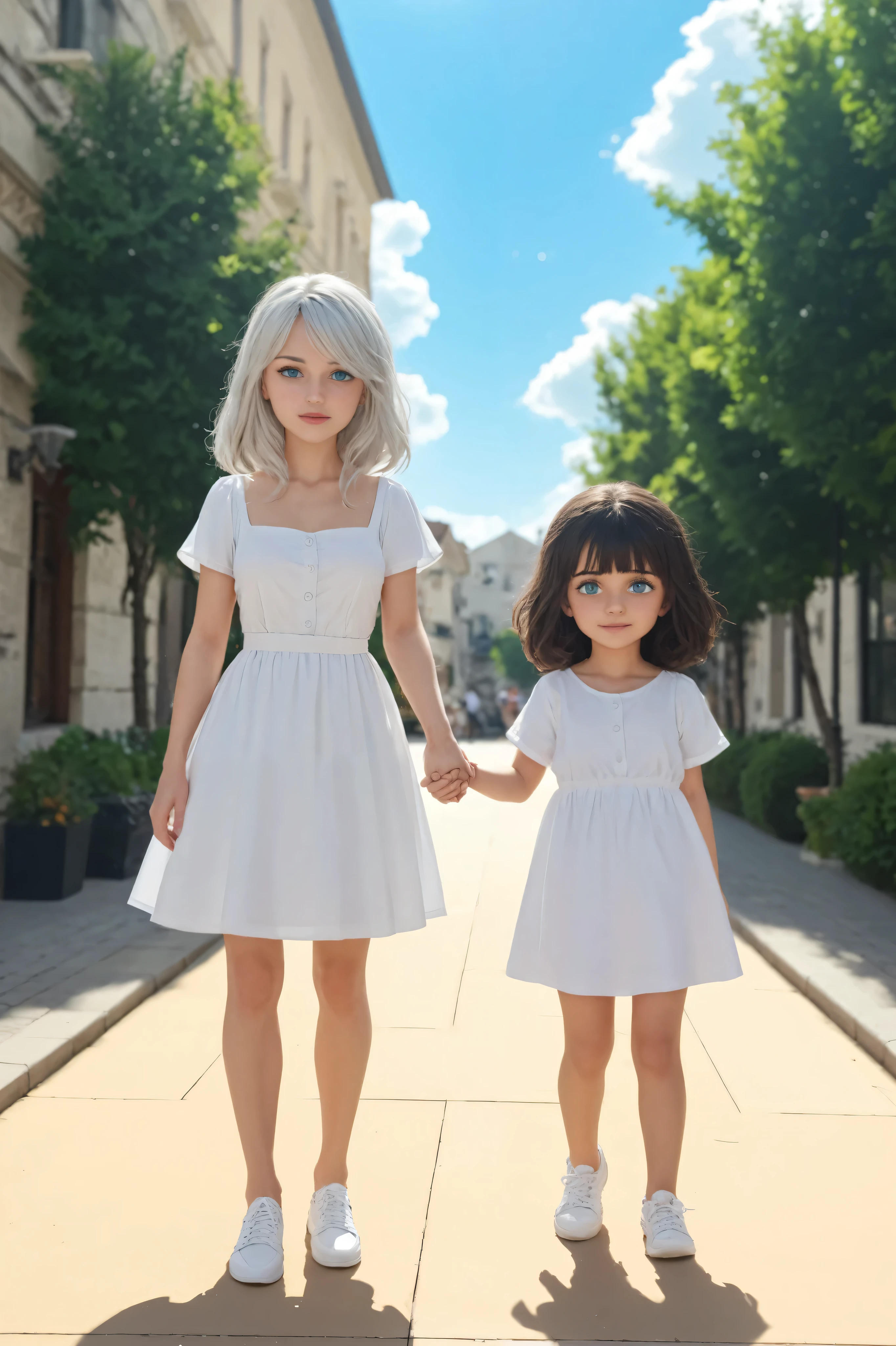 A r named Marie (white hair, blue eyes, white clothes and white shoes) with her sister named Santona ( dark grey hair, green eyes, white clothes and white shoes) standing on the sidewalk of the street together holding hands on a beautiful sunny day