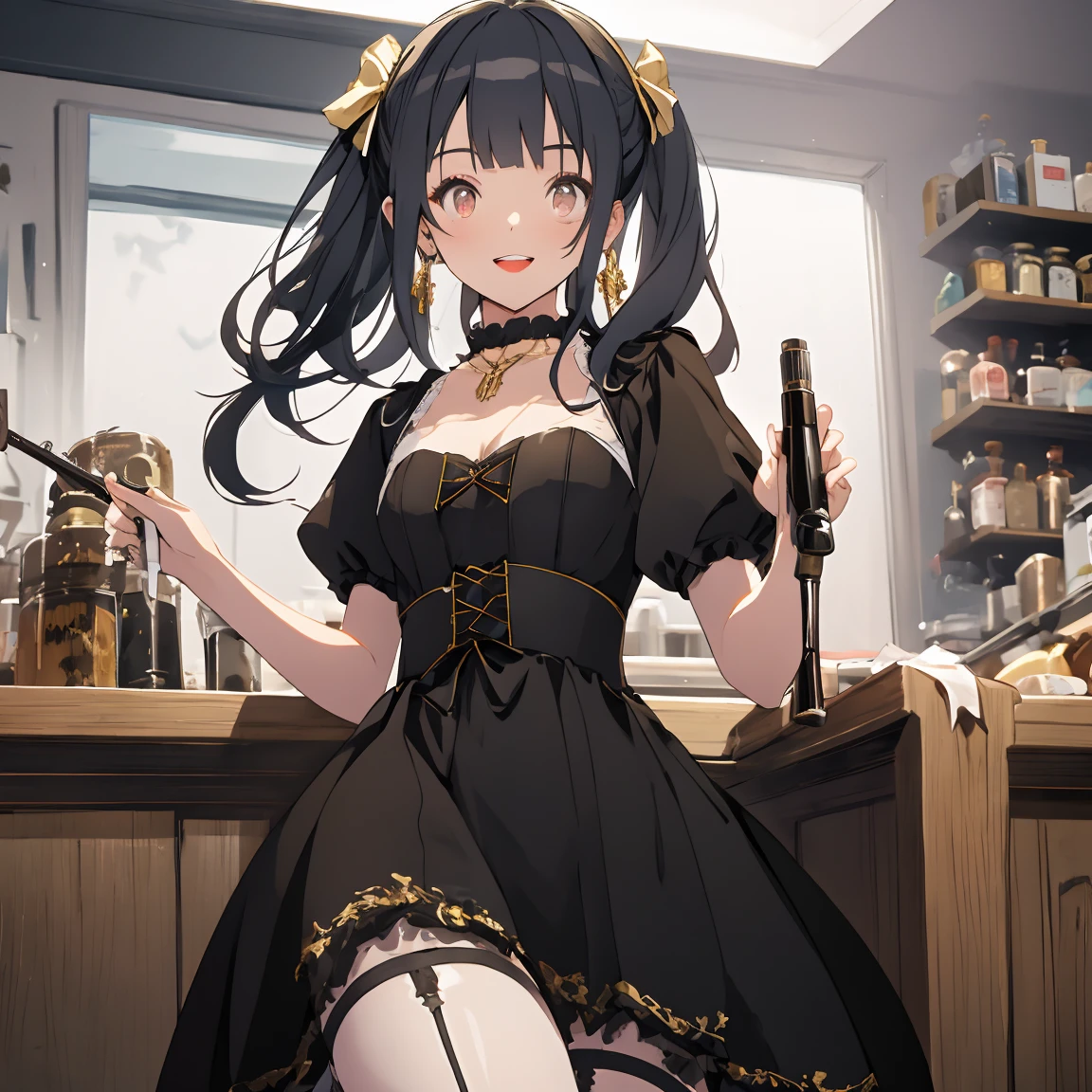 (fantasy:1.5),(anime,8k,masterpiece, top quality, best quality,beautiful and aesthetic:1.2,professional illustrasion:1.1,ultra detail:1.3,perfect lighting),extremely detailed,highest detailed,incredibly absurdres , highres, ultra detailed,intricate:1.6,(Alchemy Workshop:1.4),A girl mixing,Medicine in many small bottles,holding small potion,colorful:1.4,zentangle,(1girl),(girl),(Three kingdoms female warload),(highly detailed beautiful face and eyes,firm breasts),oily skin,((black,hair,short bob with short pony tail hair)),thin pubic hair,cute,lovely,34 years old,alchemist costume,Merchant's Clothing,smile,in the kitchen,smile,seductive weak smiling,(with sparkling eyes and a contagious smile),open mouth, Looking at Viewer, 