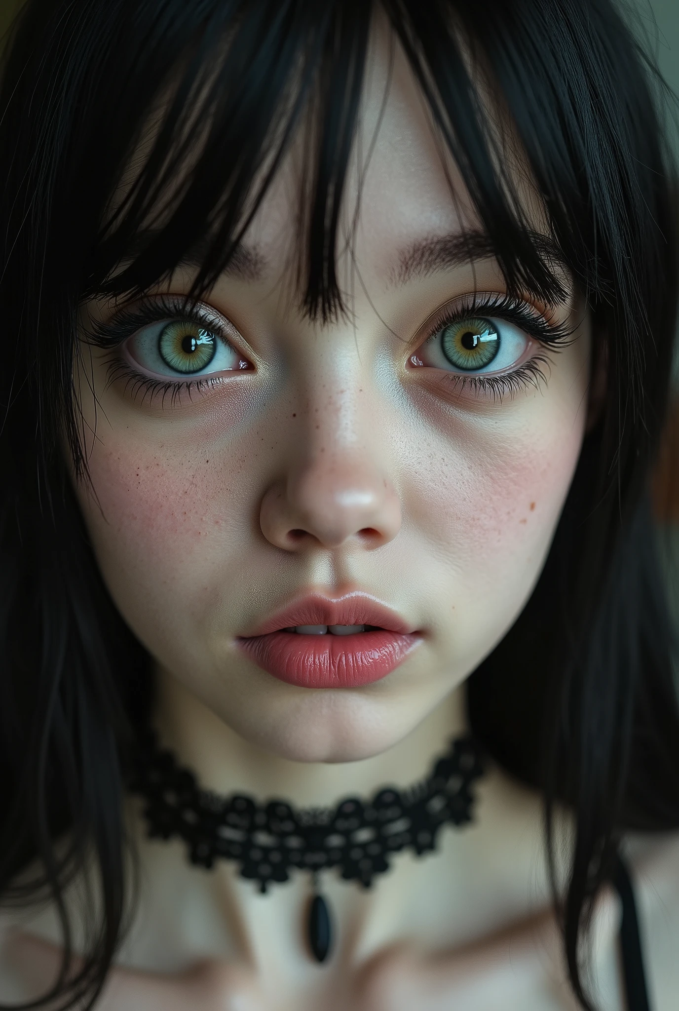 ultra realistic front facing photograph of a cute 18 year old goth girl, with adorable green eyes, realistic detail face, plump cheeks, choker