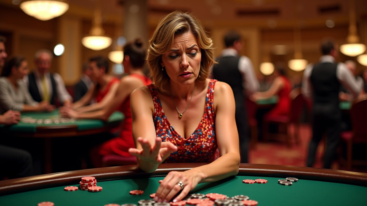 Elderly female veteran casino dealer playing blackjack against a blonde side-up player