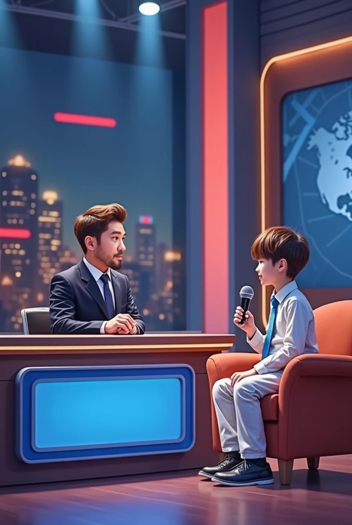 A young boy newsreader is reading the news in a studio against the backdrop of the city of Sarikei, Sarawak, Malaysia