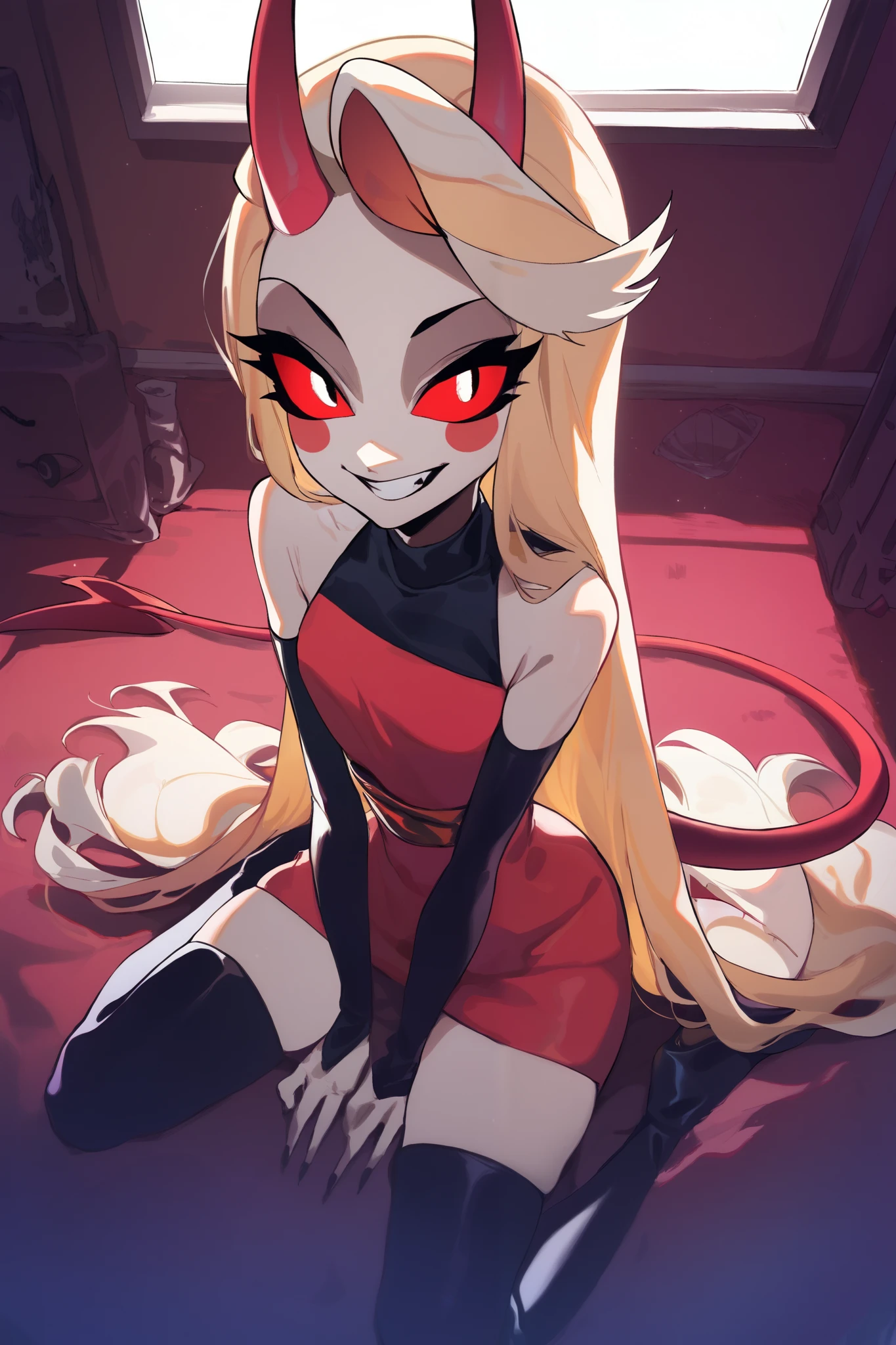 score_9,score_8_above,score_7_above BREAK charliemorningstarSDXL,1 ,red sclera, red eyes, long hair,blond hair,thigh-high boots, dress,hair between the eyes,bare shoulders,Very long hair,tail,detached sleeVes, Horns,Teeth,black sleeVeless,black thigh-high boots,absolute territory,sleeVeless dress,blush stickers,short dress,red dress,demon girl,demon Horns,demon tail,red Horns,turtleneck dress,Cowboy Shootout,room,room background,sitting, With the best quality best effects best shadows best 8k lighting