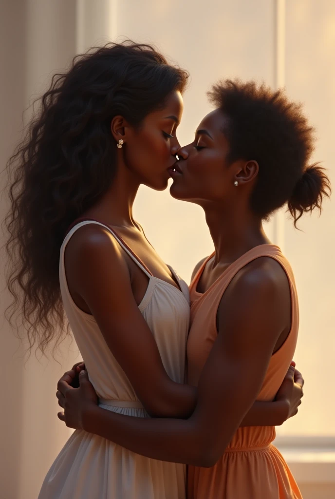 Young black lesbian women couple. A skinny black woman with tomboy style clothes and short hair. The other fat, light-skinned black woman with curly hair, formal and fat clothing. The two hugging and kissing each other.