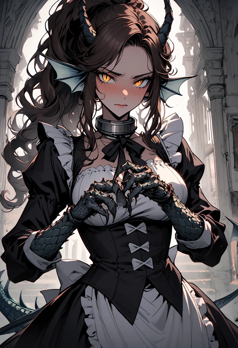 ((Girl Hug catzombie , Bones, Cute, Skeleton, Fur, Cute. ))masterpiece, best quality, DanielaV4, 1girl, 3d render, solo, brown hair, smile, teeth, yellow eyes, looking at viewer, dress, black dress, gloves, cleavage, jewelry, hood, necklace, blood, makeup