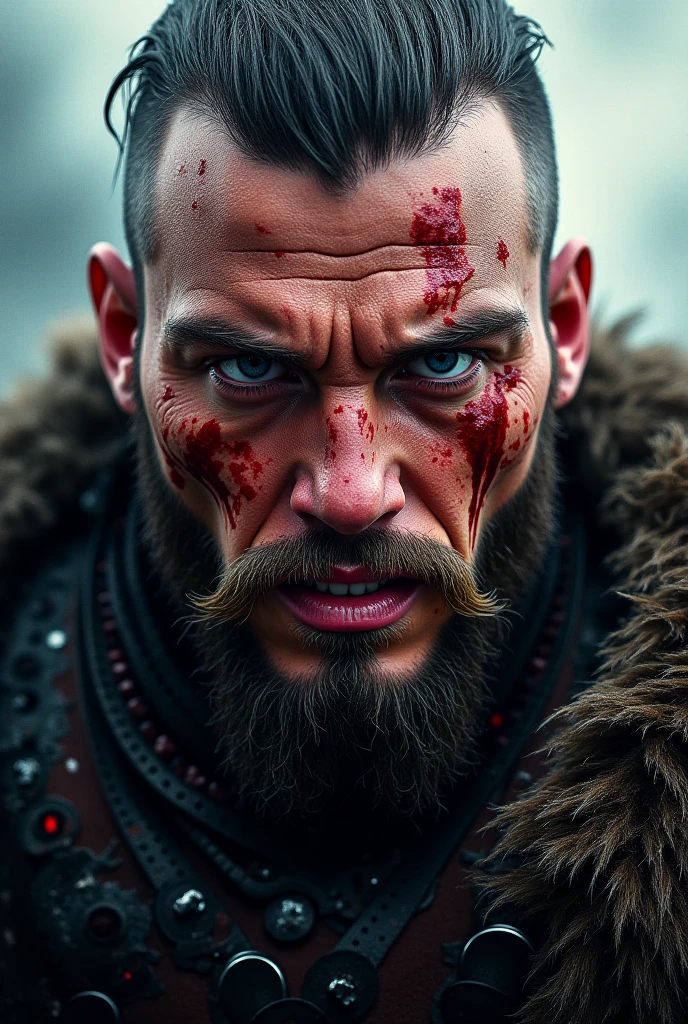 Close up viking warrior with sword in hand, makeup on face, sword close to the face, Head adornment , necklace on the neck