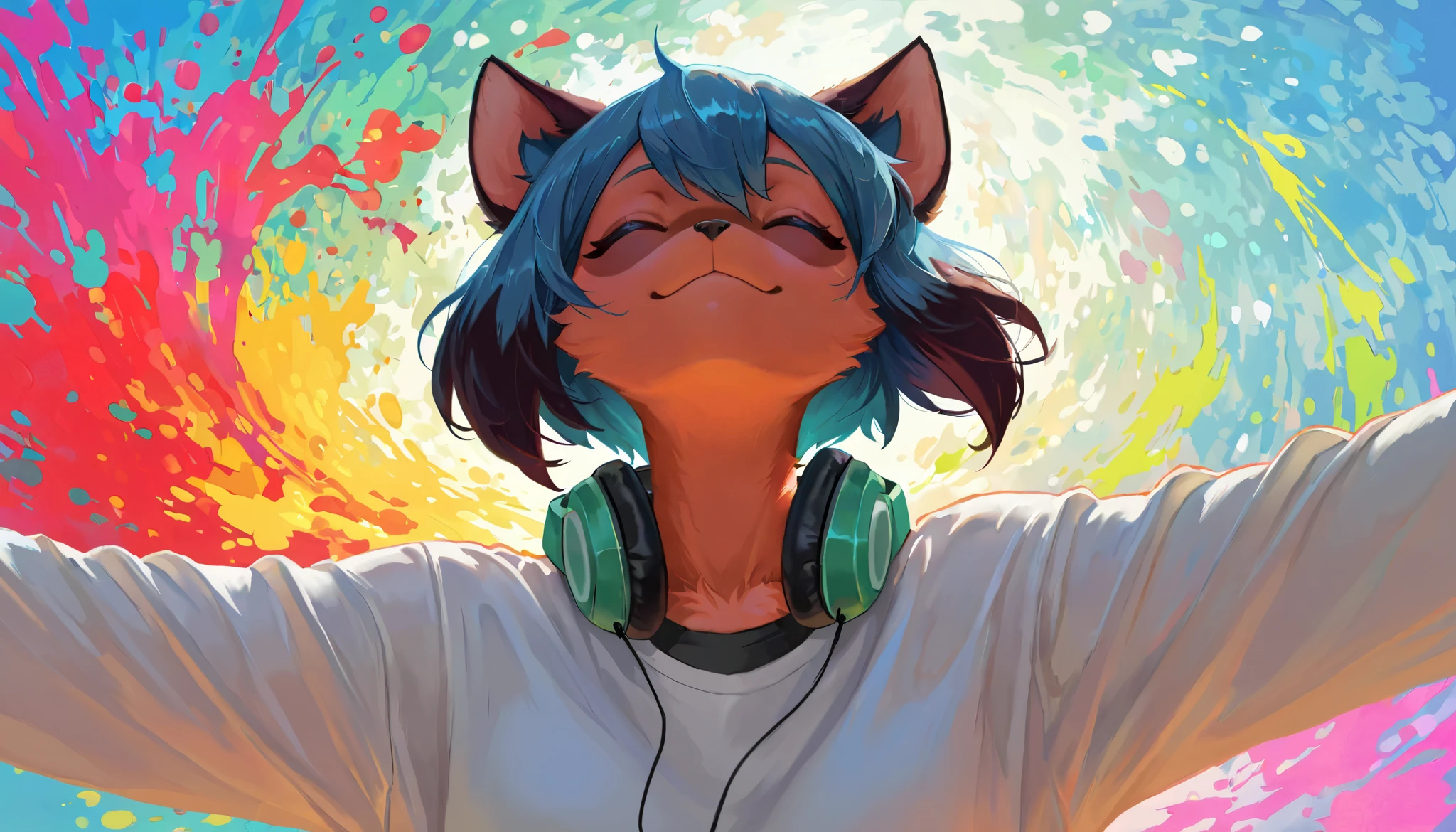 masterpiece, best quality, amazing quality, very aesthetic, high resolution, ultra-detailed, absurdres, newest, furry, FURRY, body fur, solo, paint, Michiru Kagemori from brand new animal, face close up, headphones, listening to sounds, artistic, front view, centered, headphones around neck, open arms, abstract, paranormal, subrealistic, super detailed, smile, looking up, eyes closed, original, creative, (((impressionism1:6))), colorful, BREAK, detailed fluffy fur, masterpiece, best quality, amazing quality, very aesthetic, high resolution, ultra-detailed, absurdres, newest,