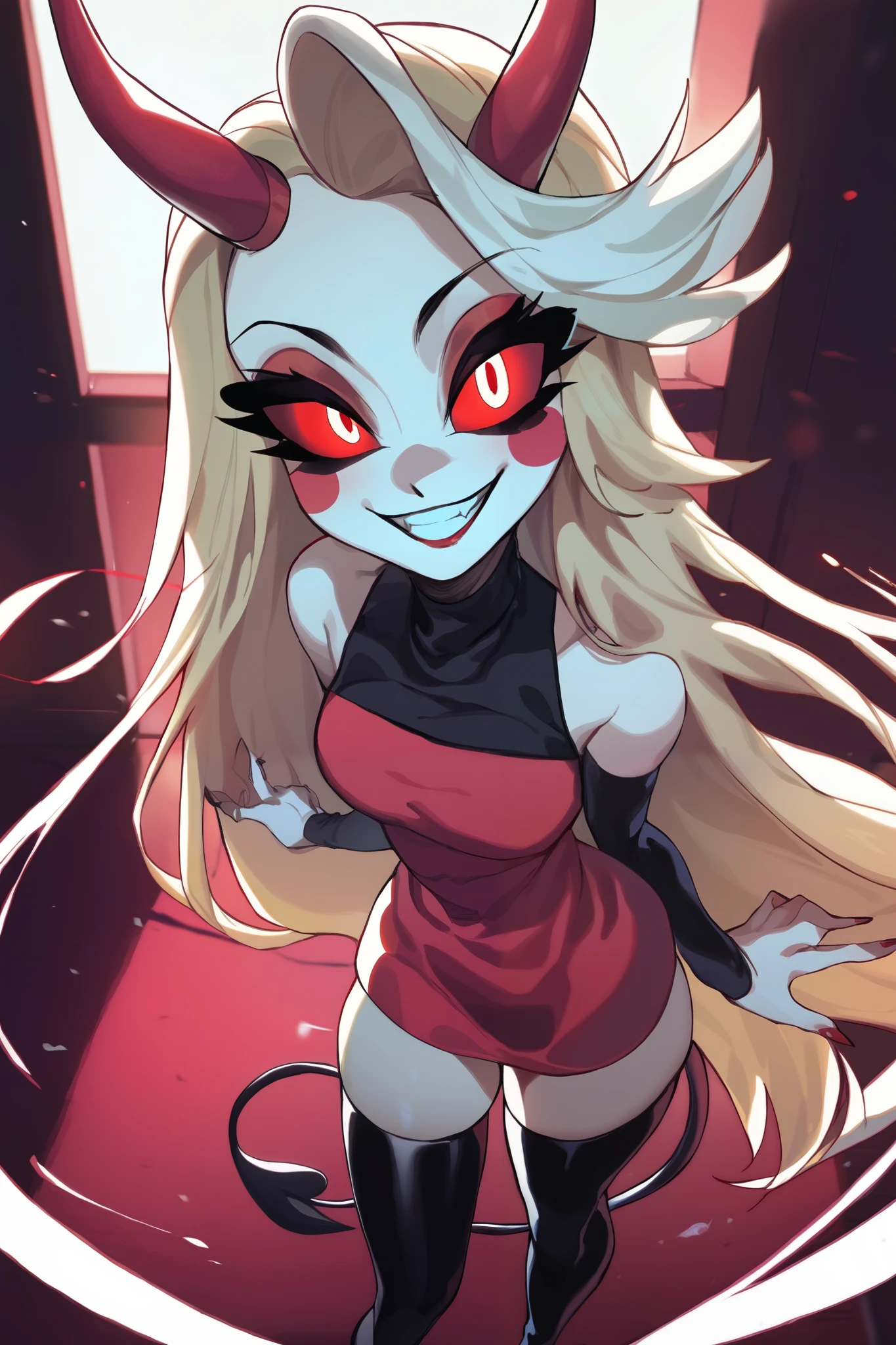score_9,score_8_above,score_7_above BREAK charliemorningstarSDXL,1 ,red sclera, red eyes, long hair,blond hair,thigh-high boots, dress,hair between the eyes,bare shoulders,Very long hair,tail,detached sleeVes, Horns,Teeth,black sleeVeless,black thigh-high boots,absolute territory,sleeVeless dress,blush stickers,short dress,red dress,demon girl,demon Horns,demon tail,red Horns,turtleneck dress,Cowboy Shootout,room,room background, With the best quality best effects best shadows best 8k lighting