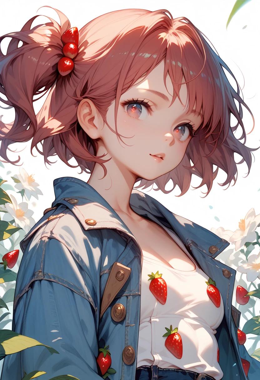 white background, Iris, Camellia, Matcha, Side Ponytail Hair, Denim Jacket, Short Bob Hair, Cherry Red, Strawberry Milk Eyes girl