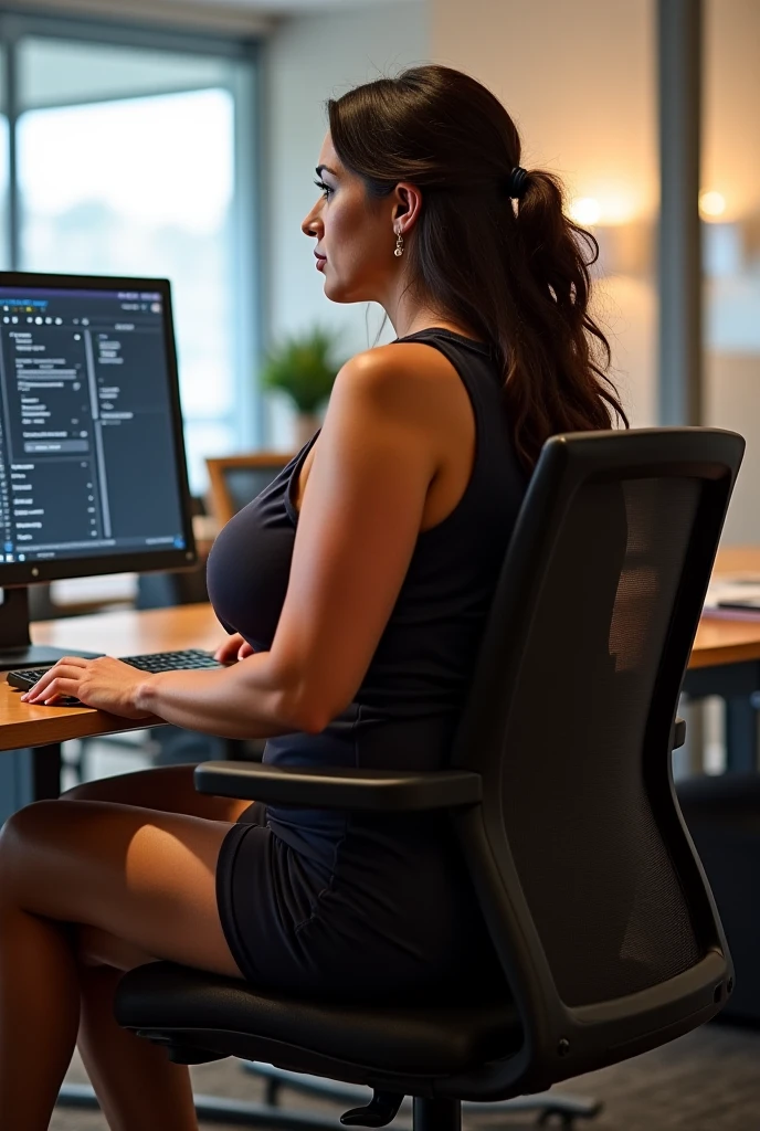 Avatar of curvy girl with long black hair, light skin color, turning your back sitting in front of a computer and programming