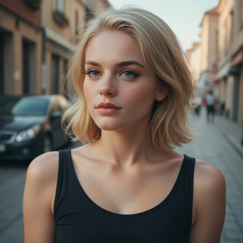 A girl with golden eyes, a very white body, short blond hair, a black dress, trees, clouds