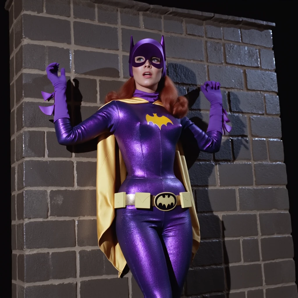 yvonne craig woman, she is desperate, trapped in a glass tube, blue lightnings inside shocks her body causing sparks on her puprple outfit. she is standing in pain with her shoulders shrugged, screaming with her eyes closes , she is in pain, we see her injures, 60's style, analog film,, on a lab, medium shot