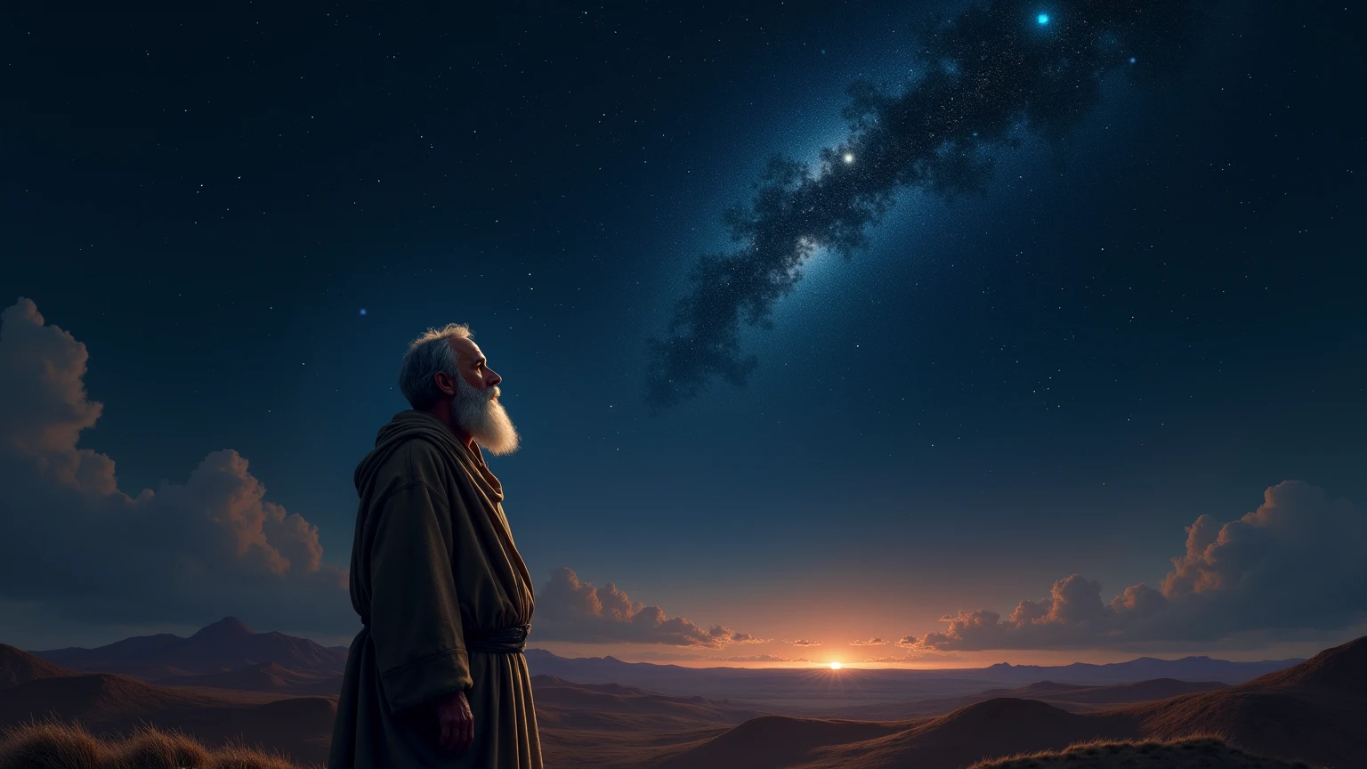 an ancient Greek man with his back seen from afar looking up at the starry sky with his telescope