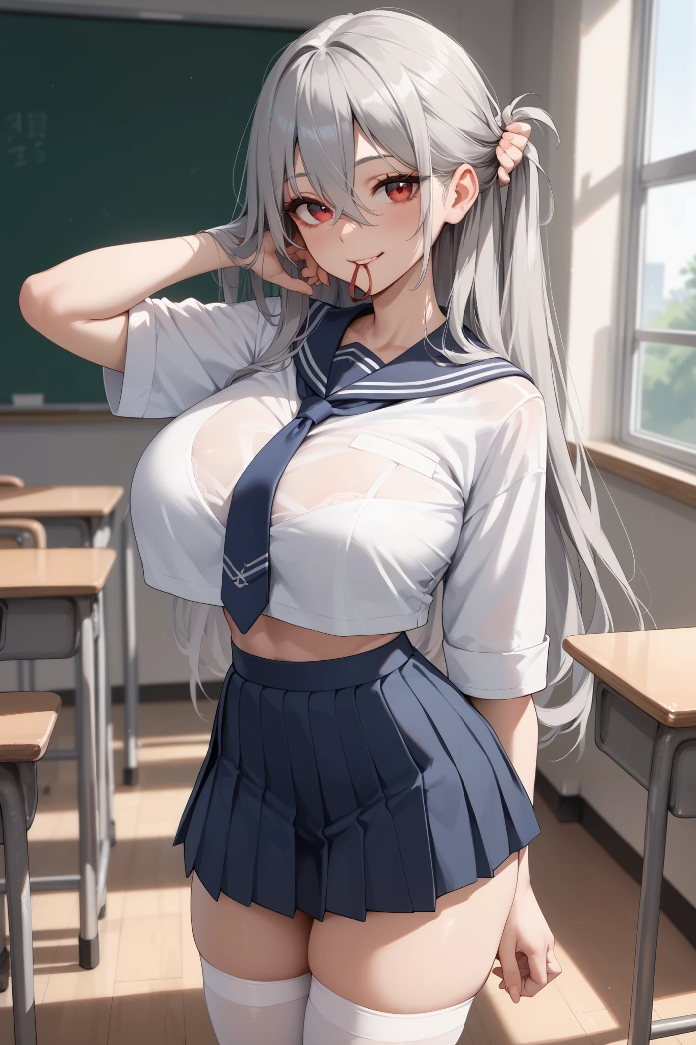 Tall girl, Fit girl,score_9, score_8_up, score_7_up, score_6_up, uncensored, 1girl, , long hair gray , red eyes, gray hair, shirt, hair between eyes, huge breasts, sailor outfit, school_uniform, Tie, white stockings, smile, close mouth, Tying up hair, Biting hair tie, background in classroom, standing, crop clothes