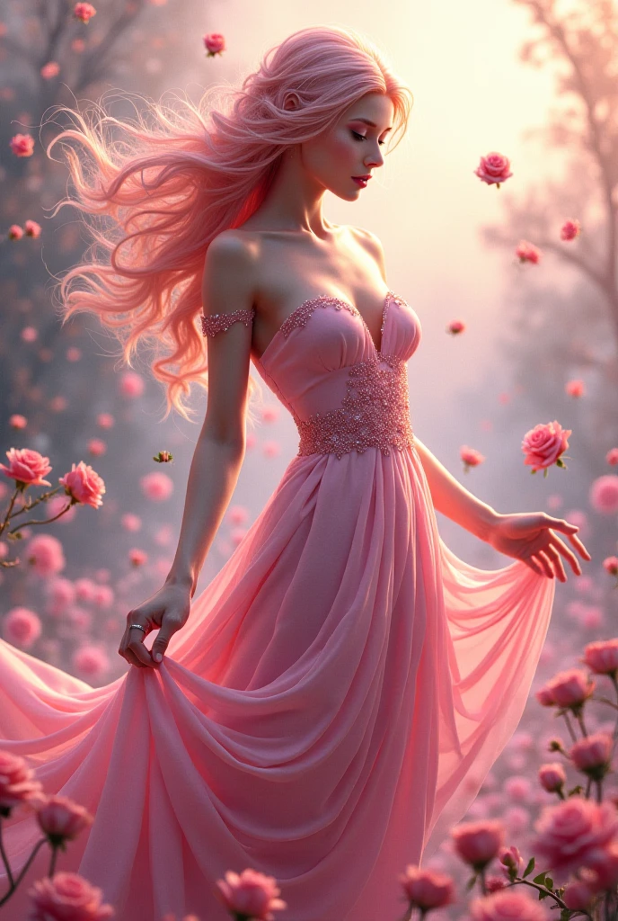 (best quality, realistic, ultra-detailed), a beautiful woman, large breasts, looking up, hair blowing in the wind, and red rose petals falling. perfect makeup, detailed eyes, and lips, long flowing pink hair and blue eyes, graceful pose, vibrant colors, soft lighting, romantic atmosphere, elegant and confident expression, delicate features, flowing dress, natural surroundings, dreamy ambiance. canon eos r3, 20 megapixels, (complementary colors:1.2), (sharp focus:1.1), (Unreal Engine 5:1.2), (ultra realistic:1.2), (high quality:1.2), (4K:1.1), (volumetric lighting:1.2), (highly detailed:1.3), (bloom:1.1), (micro details:1.2), (masterpiece:1.3), (luminescent:1.1), (aesthetic:1.3), (beautiful:1.3), (HDR:1.2), (dynamic composition:1.2), (captivating atmosphere:1.2), (immersive experience:1.3), (innovative design:1.2), (cinematic excellence:1.3), (timeless elegance:1.1), (visual storytelling:1.2), (technological marvel:1.2), (artistic finesse:1.3), (ethereal beauty:1.1), (creative brilliance:1.2)